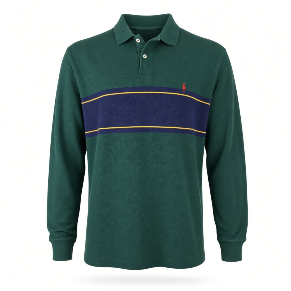 Vintage Polo Ralph Lauren XL Long Sleeve Rugby Type Polo Shirt Green Navy Stripe